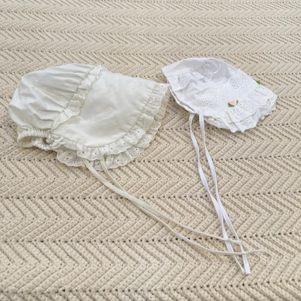 Baby Bonnets Lot of 2 White Hats Lace Bow Ribbon Prairie Cottage Coquette‎ VTG